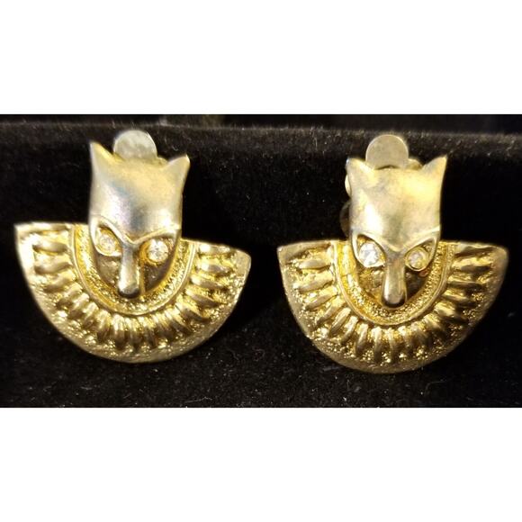 VTG Egyptian Cat Head w/ Ornamental Collar Gold-Tone Clip-On Earrings - Picture 2 of 5